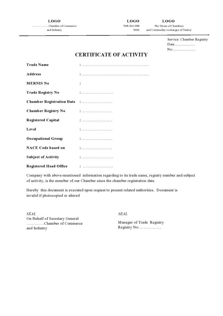 Certificate of Activity