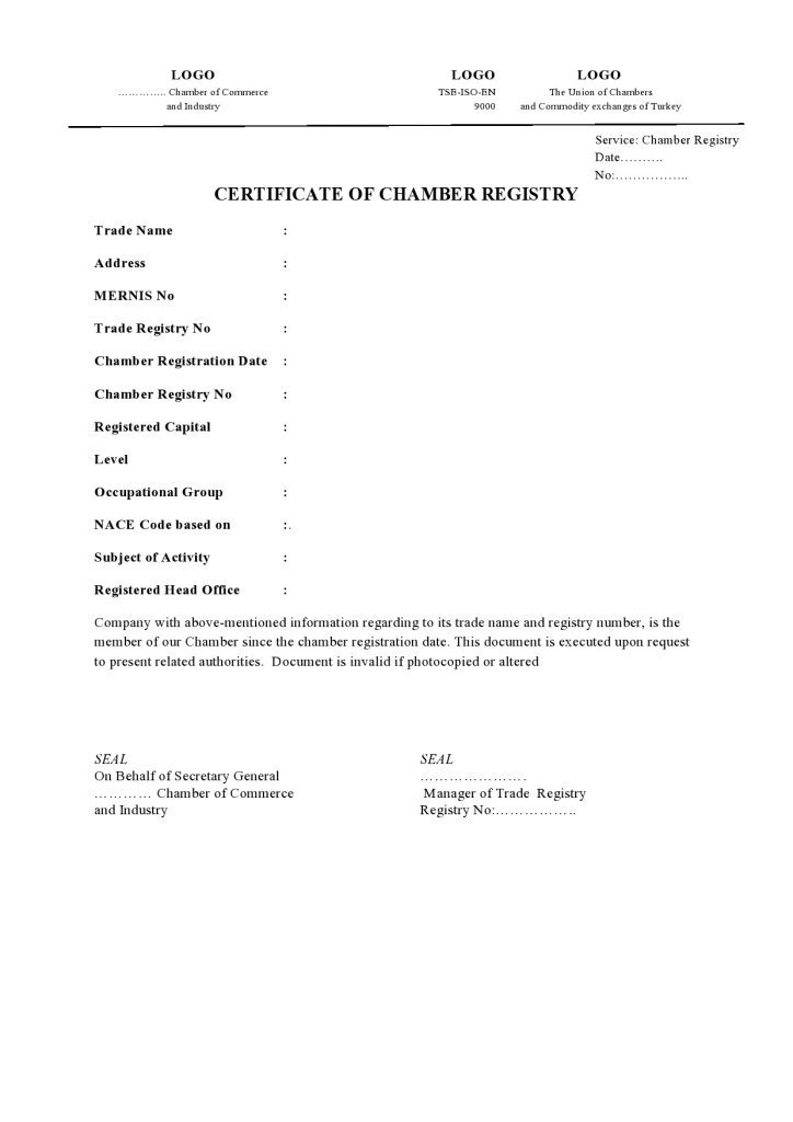 Certificate of Chamber Registry