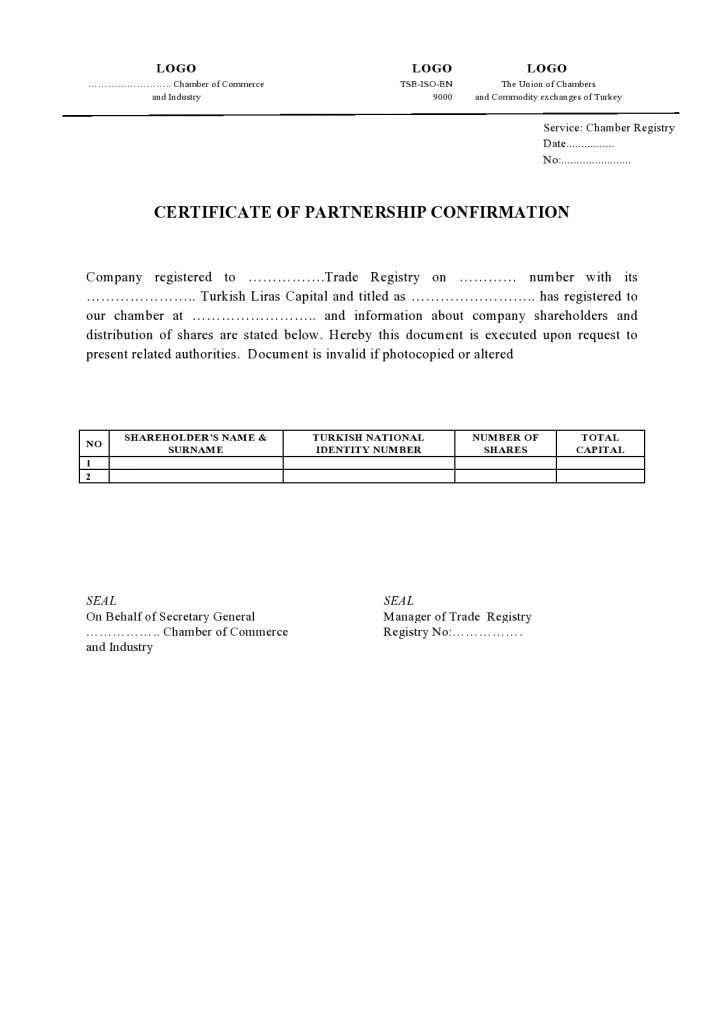 Certificate of Partnership Confirmation