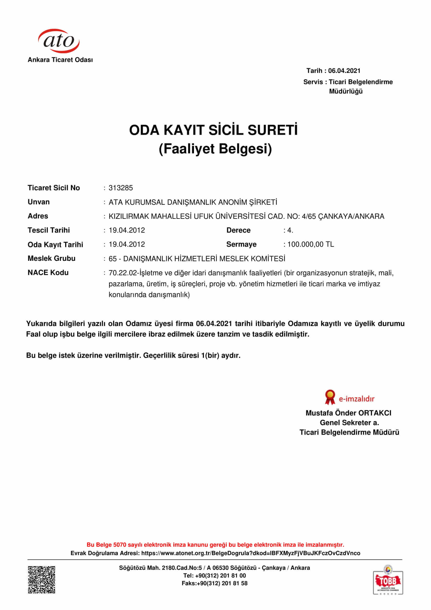 Ata Kurumsal | Oda Kayıt Belgesi